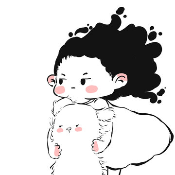 卡通線條黑白女孩