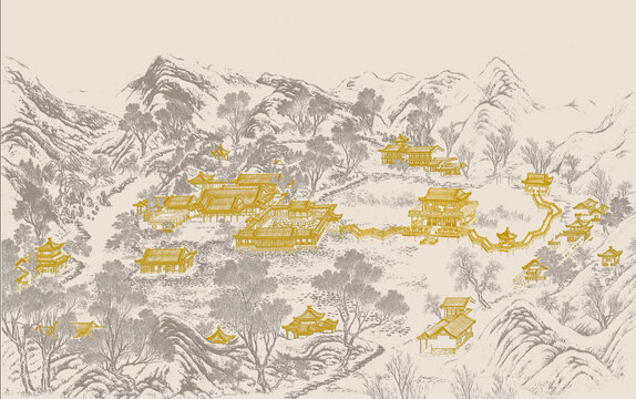 新中式手繪線(xiàn)描山水閣樓背景墻