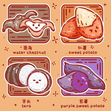 Q版蔬菜菱角红薯芋头紫薯配字版