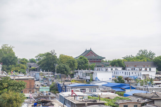 俯视山海关古城古建筑与平房