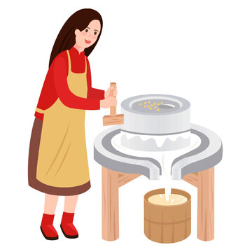 女生推石磨磨豆?jié){插畫元素