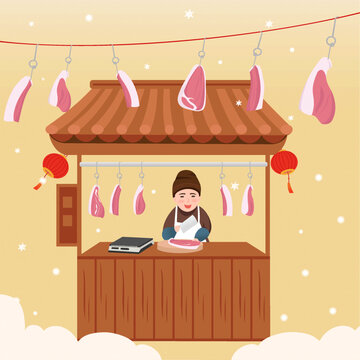 一家卖肉的店铺插画
