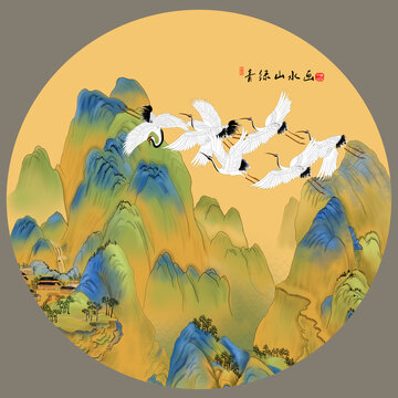圓形青綠山水插畫(huà)