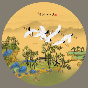 青綠圓形山水裝飾畫
