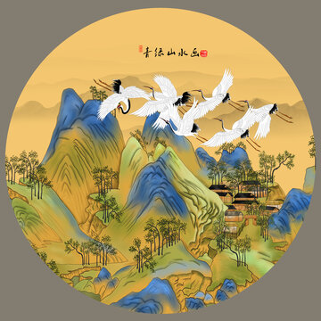 青綠圓形山水裝飾畫