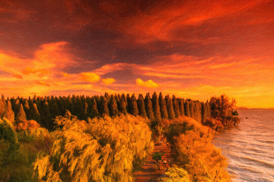 日落黄昏湿地油画