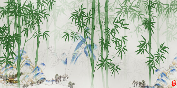 竹子國潮山水畫