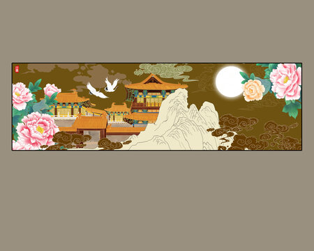 中式楼阁花鸟装饰画