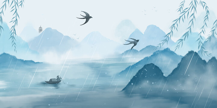 水墨國(guó)風(fēng)清明節(jié)氣水彩場(chǎng)景