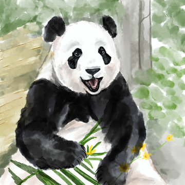 吃竹子可愛(ài)卡通大熊貓場(chǎng)景插畫