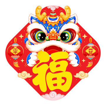 國(guó)潮喜慶新年春節(jié)斗方福藍(lán)色龍