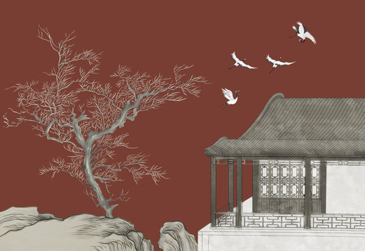 意境樹仙鶴建筑背景墻