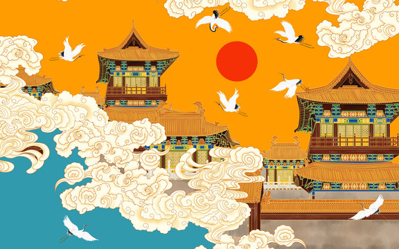 皇宮樓閣祥云壁畫(huà)掛畫(huà)