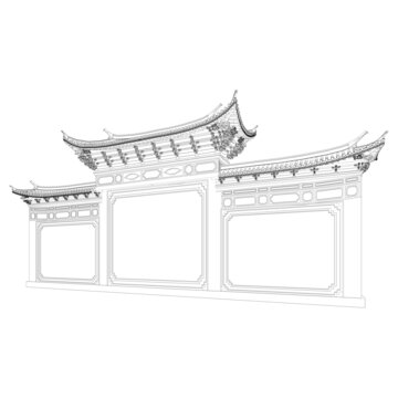 照壁軸測(cè)線稿