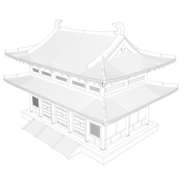 重檐歇山大殿鳥(niǎo)瞰線稿