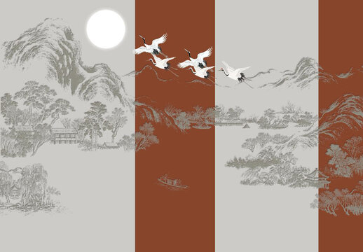 新中式手繪山水仙鶴背景墻