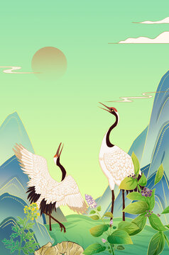 國(guó)風(fēng)山水仙鶴手繪插畫