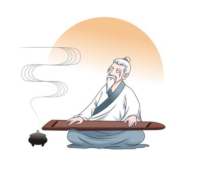 卡通彈琴老者形象矢量圖
