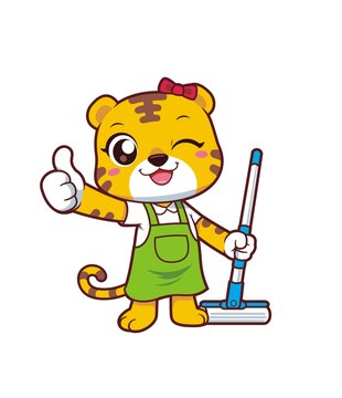 卡通可愛老虎做家務(wù)形象矢量圖