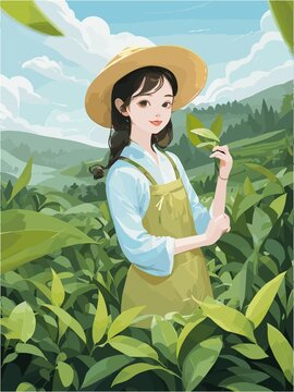 茶园中的采茶少女插画