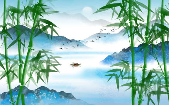 中式竹子山水畫