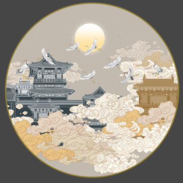歐式古建筑刺繡祥云