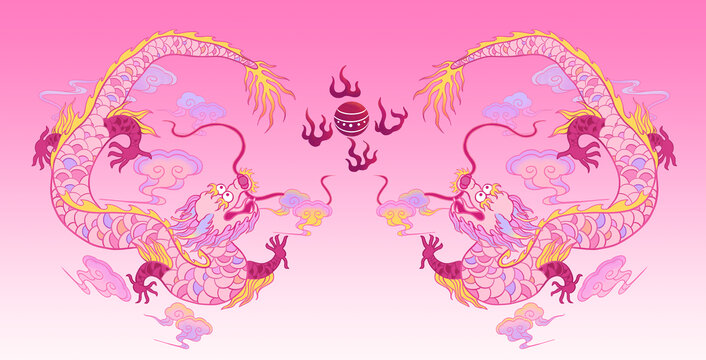 龍年雙龍粉龍插畫海報(bào)