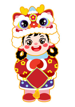 新年春節(jié)拜年福娃女孩矢量插畫