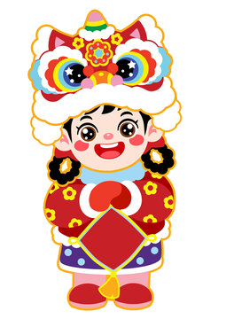 新年春節(jié)拜年醒獅帽福娃女孩矢量