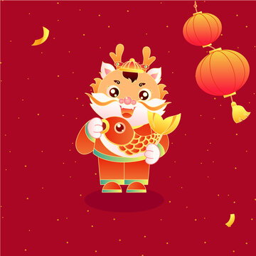 龍年新春手抱錦鯉卡通龍插畫(huà)