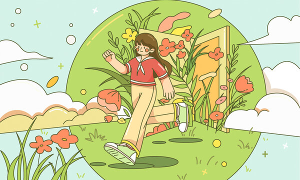 女孩假期游玩出行潮流插畫(huà)