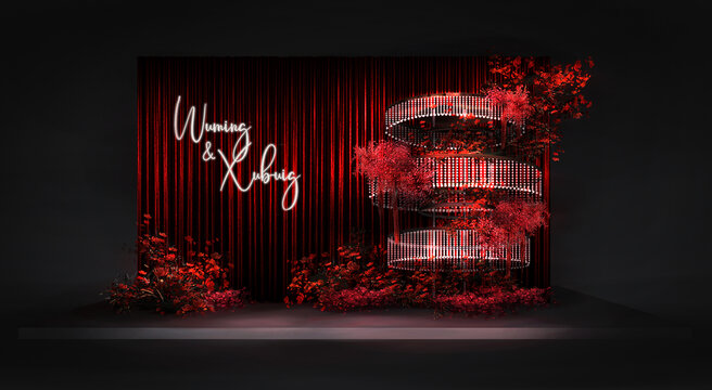 紅色布幔水晶婚禮迎賓區(qū)