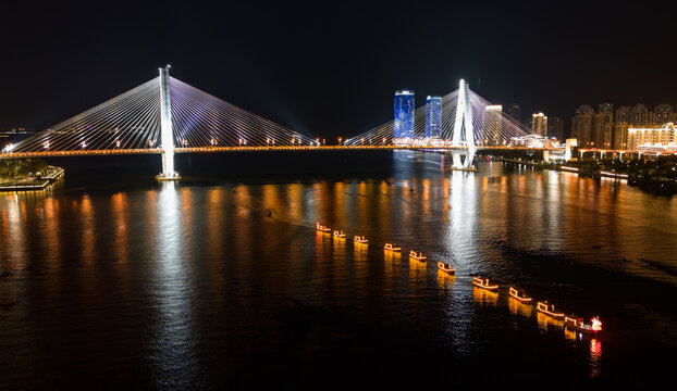 海口端午节龙舟世纪大桥夜景航拍