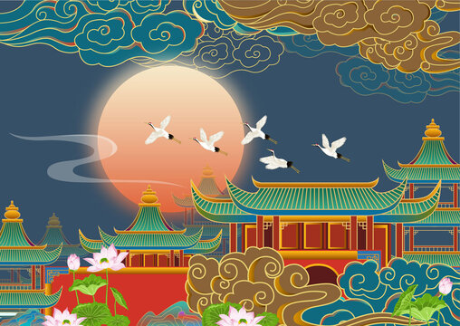 國潮宮廷樓閣古建筑插畫