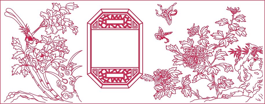 菊花牡丹漏窗圖