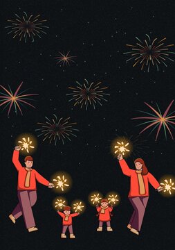 一家人放煙花插畫