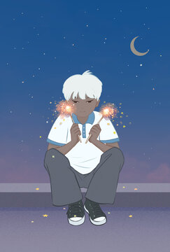 男孩玩煙花唯美意境插畫