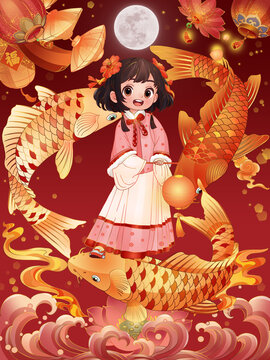 節(jié)日連年有余喜慶祝福年插畫
