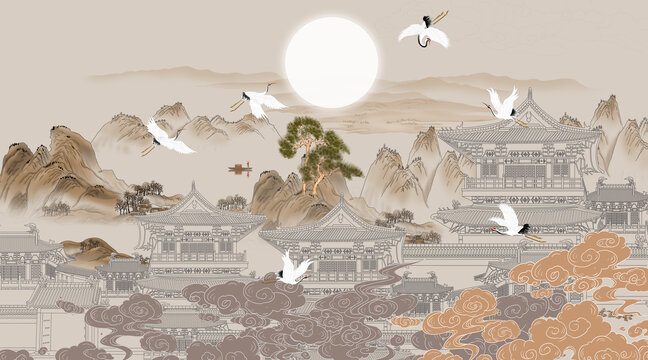 中式樓閣山水裝飾畫(huà)