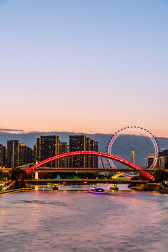 中国天津海河天津眼城市建筑夜景