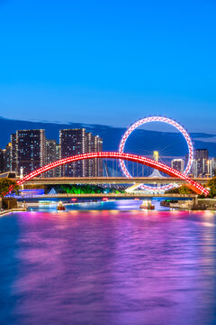 中国天津海河天津眼城市建筑夜景