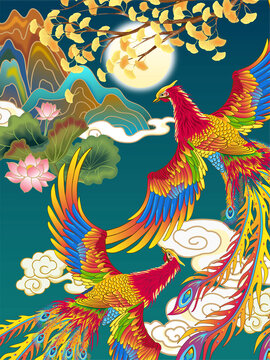 鳳凰山水國(guó)潮插畫(huà)