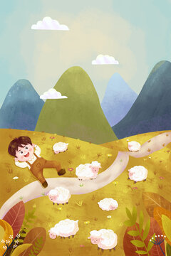 秋日的羊群儿童插画