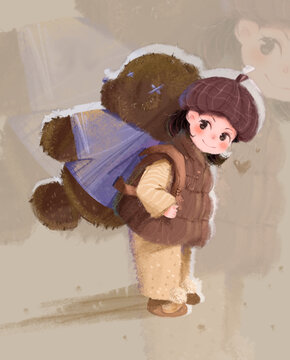 背小熊的小女孩肌理插画