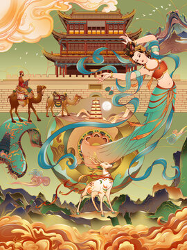 絲路敦煌漢唐飛天九色鹿插畫