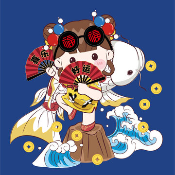 中國風(fēng)手繪國潮卡通女孩錦鯉好運