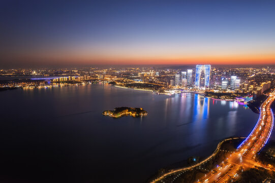 航拍苏州工业园区城市夜景