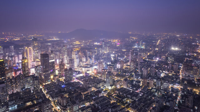 航拍南京新街口城市全景夜景