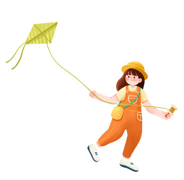 春天放風箏孩子插畫