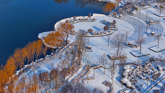 航拍紫云湖雪景